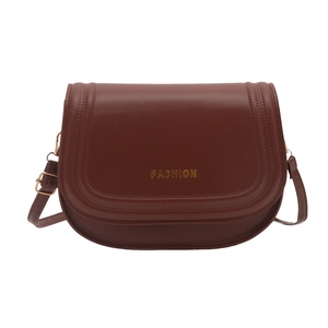 Brown retro saddle bag in vegan leather with golden fashion text and crossbody strap