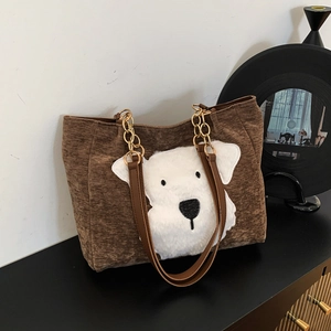 Retro PU Large Capacity Shoulder Tote Bag For Women With Dog Applique Stitching Design Casual Daily Commute Fashion Handbag