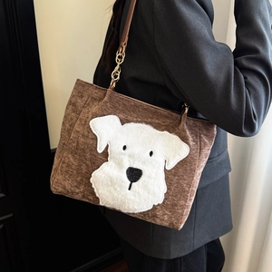 Vintage brown corduroy tote bag featuring a cute plush dog patch and gold chain strap