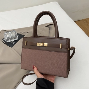 Vintage Women PU Leather Patchwork Crossbody Bag Elegant Commuter Handbag Gold Lock Shoulder Bag With Detachable Strap Fashion Tote Bag