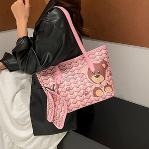 Sac cabas rose avec imprimé ours et pochette pour femme grand sac à main élégant