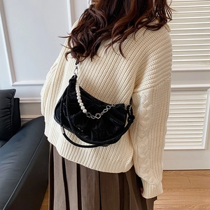 Women Sweet Bow Underarm Bag PU Leather Girly Artificial Pearl Metal Flower Chain Shoulder Crossbody Bag For Daily Dating Party