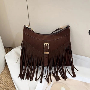 Women Vintage Bohemian Faux Suede PU Leather Tassel Crossbody Bag Retro Small Square Bag With Metal Buckle Shoulder Bag