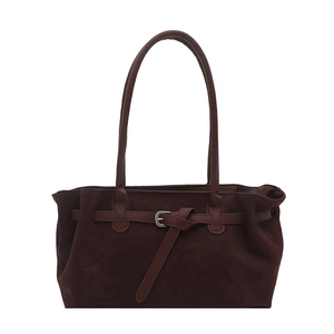 Vintage frosted suede shoulder bag with decorative buckle and dual long straps in brown