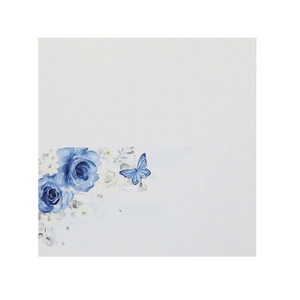 Elegant white square wedding place card featuring blue roses and butterfly print design