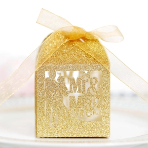 Champagne gold Mr & Mrs hollow candy box with glitter finish and organza ribbon