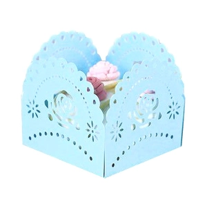 Light blue laser-cut rose paper candy box with scalloped edges for wedding party gifts