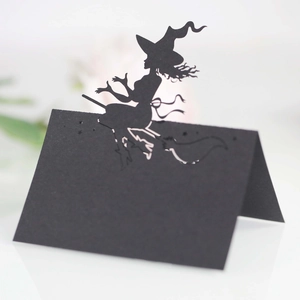 Laser-cut Halloween witch silhouette table place card made of premium black specialty paper