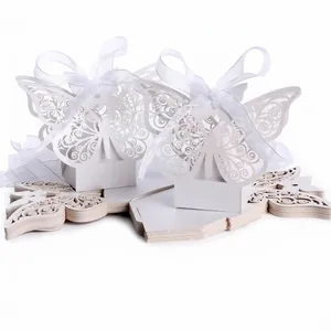 European hollow butterfly wedding candy box with elegant white ribbons for party gifts