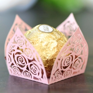 Pink laser-cut rose hollow candy box for chocolate gift packaging on wedding