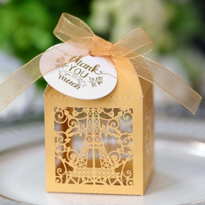 Golden Eiffel Tower laser cut candy box with Thank You tag and elegant ribbon tie
