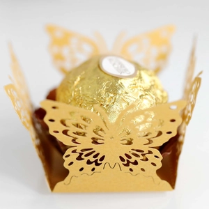Laser cut hollow butterfly chocolate box in metallic gold finish for parties