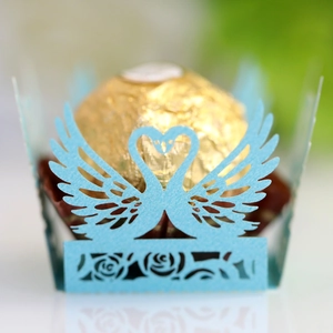 Laser-cut light blue swan heart chocolate wrapper with rose floral hollow patterns