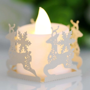 Bougie LED de Noël avec base découpée de renne et flocon de neige, blanc chaud