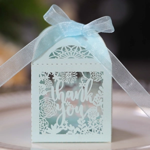 Elegant mint green hollow thank you gift box with floral pattern and satin ribbon bow