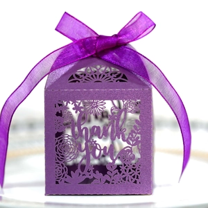 Laser-cut purple pearl paper gift box with Thank You floral pattern and ribbon bow