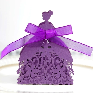 Elegant purple laser cut bridal silhouette favor box with silk ribbon and floral patterns