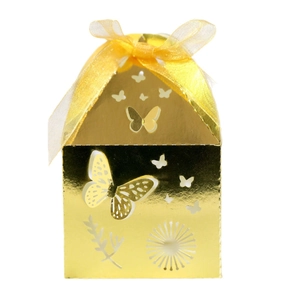 Elegant gold butterfly laser cut gift box with mirror finish and organza ribbon bow