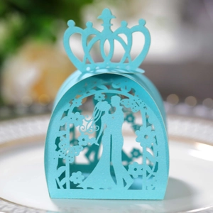 Laser cut light blue wedding favor box with crown top and bride and groom silhouette
