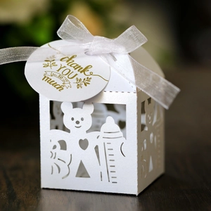 Cute Bear Baby Bottle Laser Cut Pearlescent Paper Candy Box Ribbon Thank You Tag Favor Box Baby Shower Birthday Party