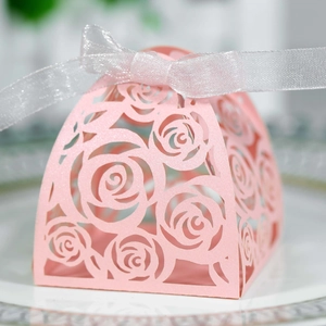 Pink laser-cut rose gift box with white chiffon ribbon for weddings and parties