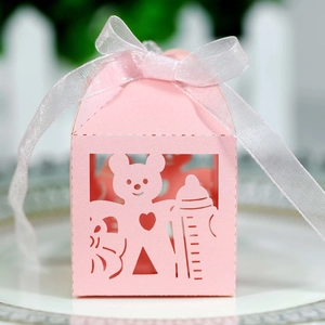 Laser Cut Baby Shower Candy Boxes Bear Milk Bottle Pattern Pearl Paper Favor Gift Box With Ribbon For Birthday Party