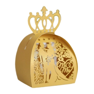 Laser-cut gold crown wedding favor box with Mr & Mrs bride and groom silhouette