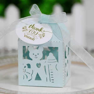 Laser-cut light blue candy box with bear and milk bottle patterns for birthday party favors