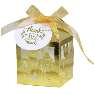 Golden hollow bear baby shower candy box with ribbon and thank you tag for party