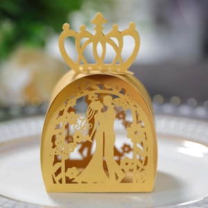 Laser cut gold pearl paper wedding candy box with hollow crown and bridal silhouette