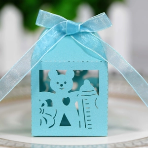 Pink bear baby bottle hollow gift box with blue ribbon for birthday party favor packaging