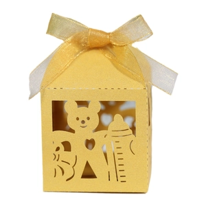 Golden laser-cut bear baby bottle candy box with a decorative satin ribbon bow