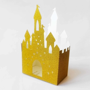 Golden glitter castle candy box with laser-cut heart and star patterns for weddings