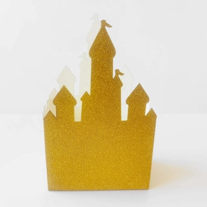 Golden glitter castle candy box with laser-cut hollow design for wedding party decor
