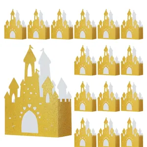 Golden glitter castle candy boxes with laser-cut heart detail for wedding party favors