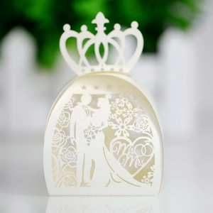 White laser-cut crown wedding favor box with Mr & Mrs design and pearl finish