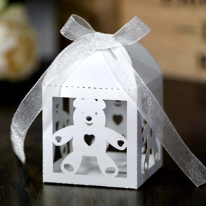 Cute Bear Hollow Laser Cut Candy Box Pearlescent Paper Gift Packaging Ribbon Bow Wedding Birthday Party Favors Decor