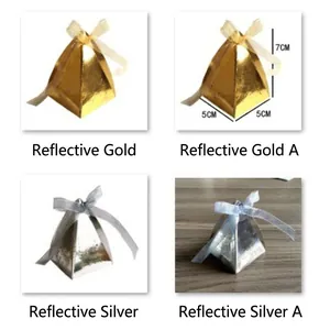 Golden and silver pyramid-shaped candy gift boxes with elegant ribbon tie 5x5x7cm