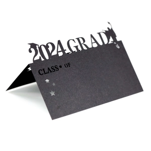 2024 GRAD laser-cut black place cards for graduation ceremonies featuring mortarboard design