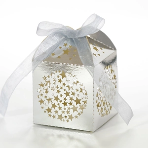 Silver hollow star gift box with light blue ribbon bow for wedding and party favor packaging