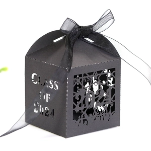 Detail of black laser-cut graduation candy box with Class of 2024 text and ribbon