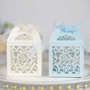 Detail of laser-cut rose and heart patterns on white and blue pearlescent gift boxes