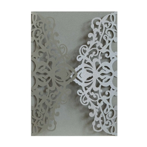 Elegant laser-cut floral invitation cover made of premium pearlescent silver cardstock