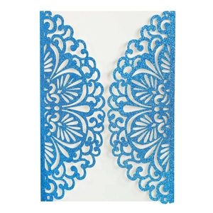 Elegant royal blue glitter laser-cut lace wedding invitation cover for formal events