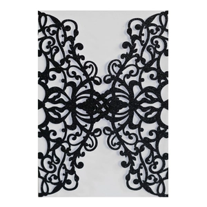 Elegant laser cut black glitter wedding invitation pocket with floral lace pattern