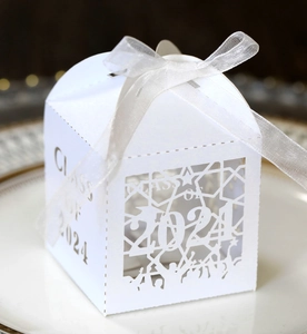 Macro shot of laser-cut 2024 graduation gift box with white organza ribbon