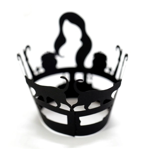 Black laser-cut Halloween cupcake wrappers with witch and cat silhouette designs