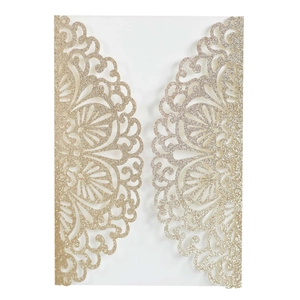 Elegant gold glitter laser-cut invitation with intricate lace mandala floral patterns