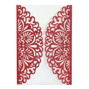 Elegant red glitter laser-cut lace wedding invitation cover with intricate floral patterns
