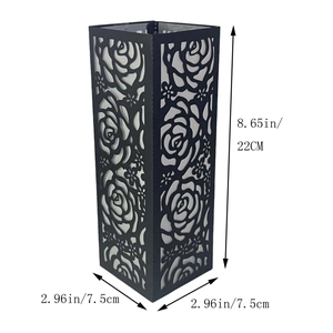 Detailed dimensions of black candle holder lantern with laser-cut rose patterns